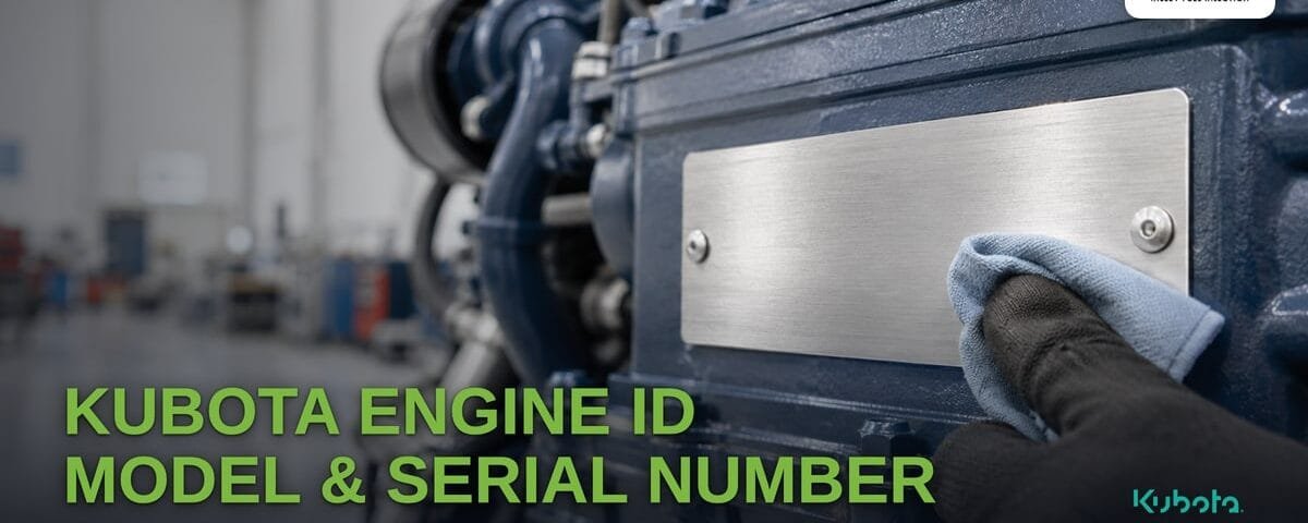 A gloved hand wiping the brushed-steel data plate on a blue Kubota industrial diesel engine in a clean workshop. Title reads "Kubota Engine ID, Model and Serial Number: Find It, Decode It, Order the Right Parts".