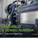 A gloved hand wiping the brushed-steel data plate on a blue Kubota industrial diesel engine in a clean workshop. Title reads "Kubota Engine ID, Model and Serial Number: Find It, Decode It, Order the Right Parts".