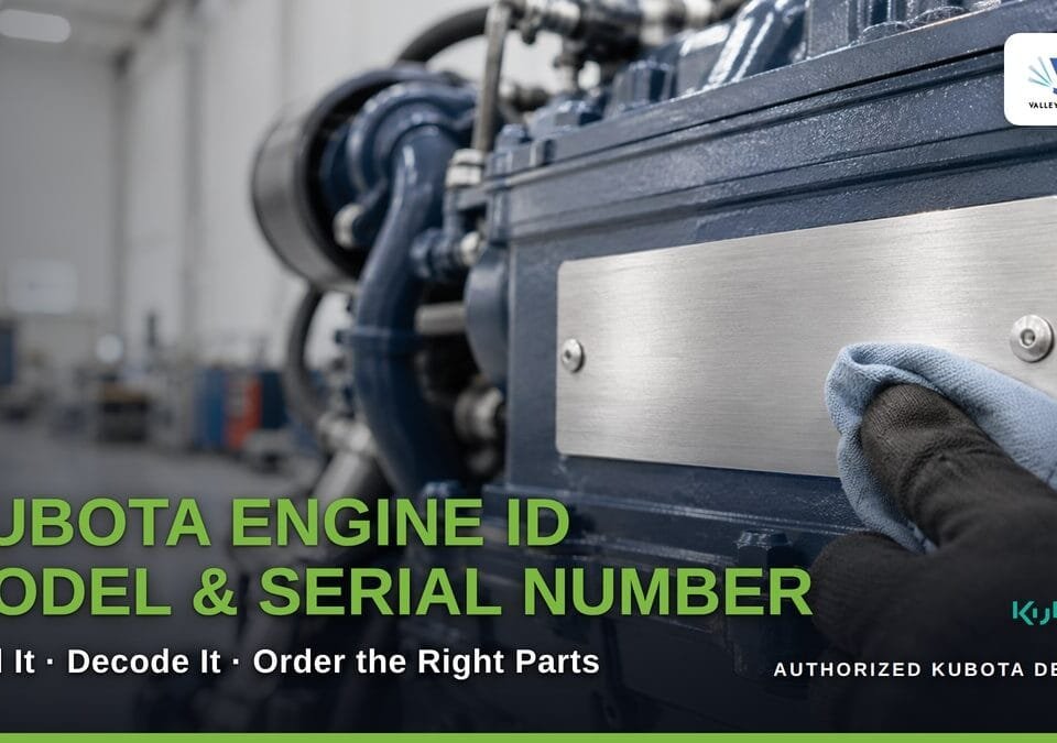 A gloved hand wiping the brushed-steel data plate on a blue Kubota industrial diesel engine in a clean workshop. Title reads "Kubota Engine ID, Model and Serial Number: Find It, Decode It, Order the Right Parts".