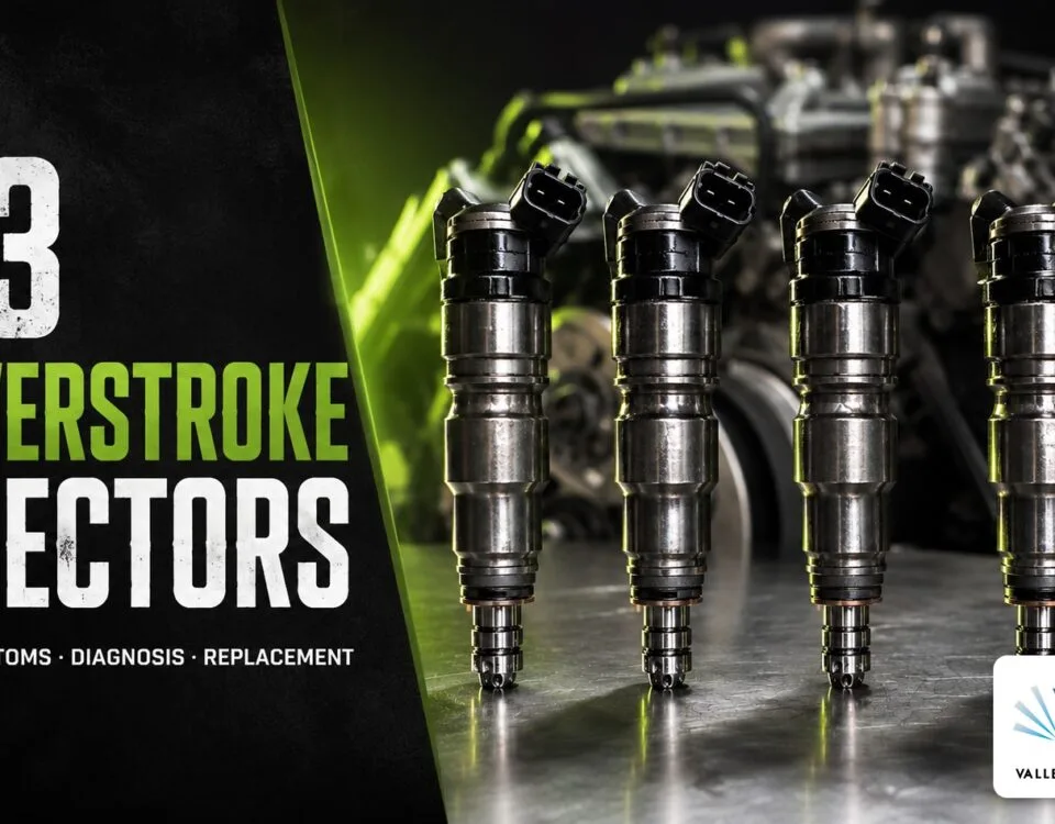 7.3L Power Stroke HEUI diesel fuel injectors on a workbench — Valley Fuel Injection