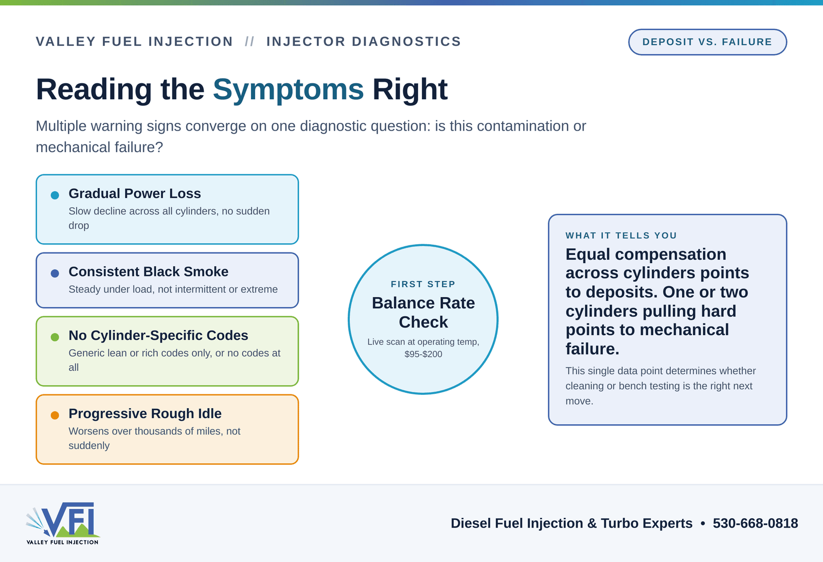 Diagnostic flow chart showing four deposit buildup symptoms converging on a balance rate check, with a takeaway card explaining how to interpret cylinder-specific versus uniform compensation results.