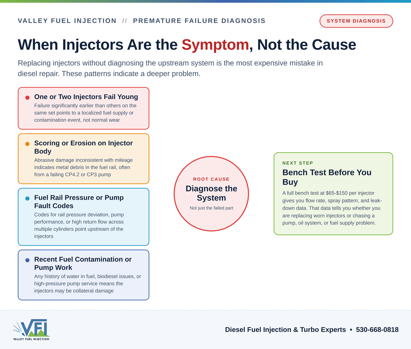 Diagnostic flow chart showing four warning signs of upstream injector failure, including early single-injector failure, scoring damage, pump fault codes, and contamination history, converging on the recommendation to bench test before replacing parts.