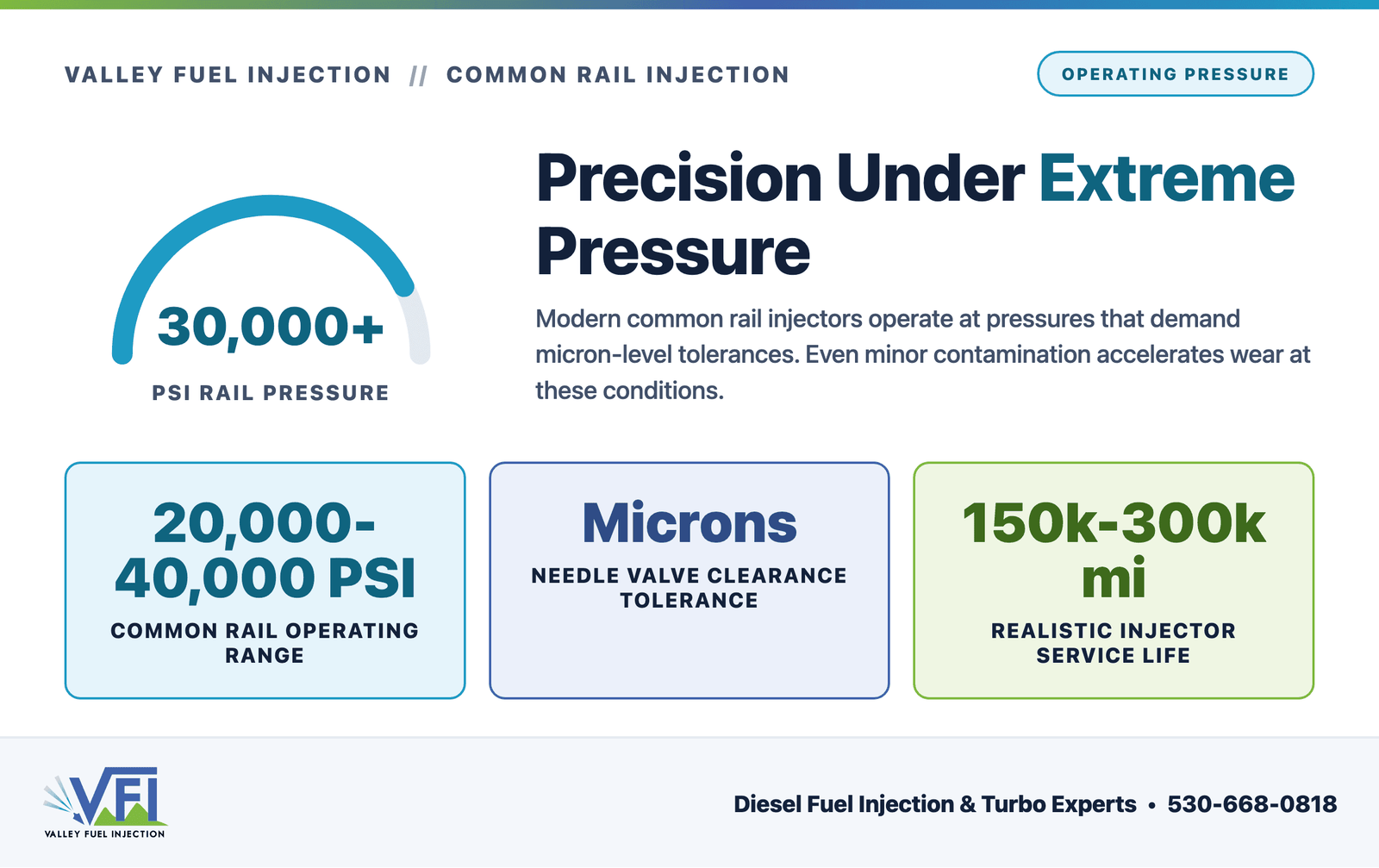 Gauge graphic showing common rail diesel injector operating pressure above 30,000 PSI, with stat cards for pressure range, needle valve tolerance, and expected service life.