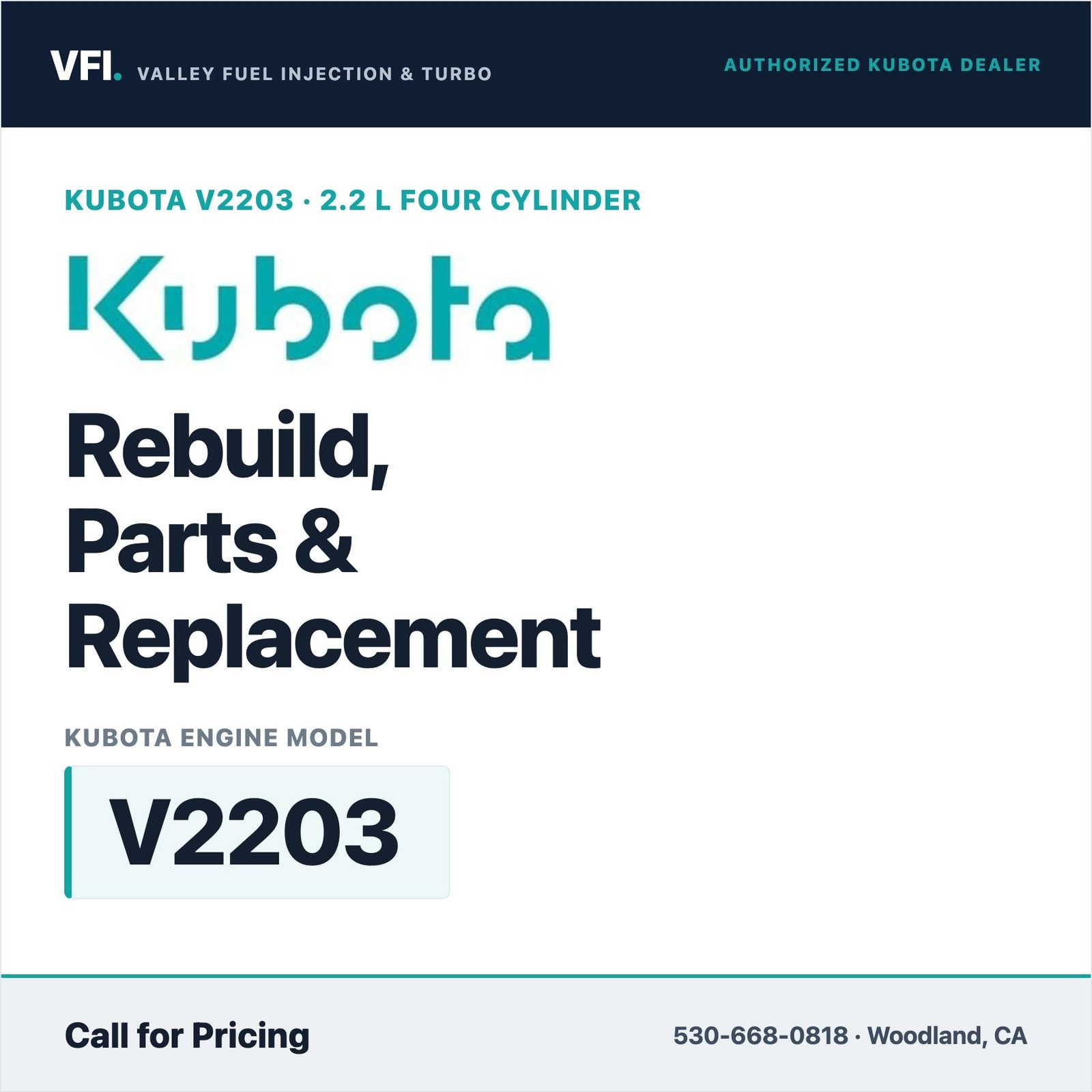 Kubota V2203 diesel engine rebuild, parts and injection pump service from Valley Fuel Injection, an authorized Kubota dealer