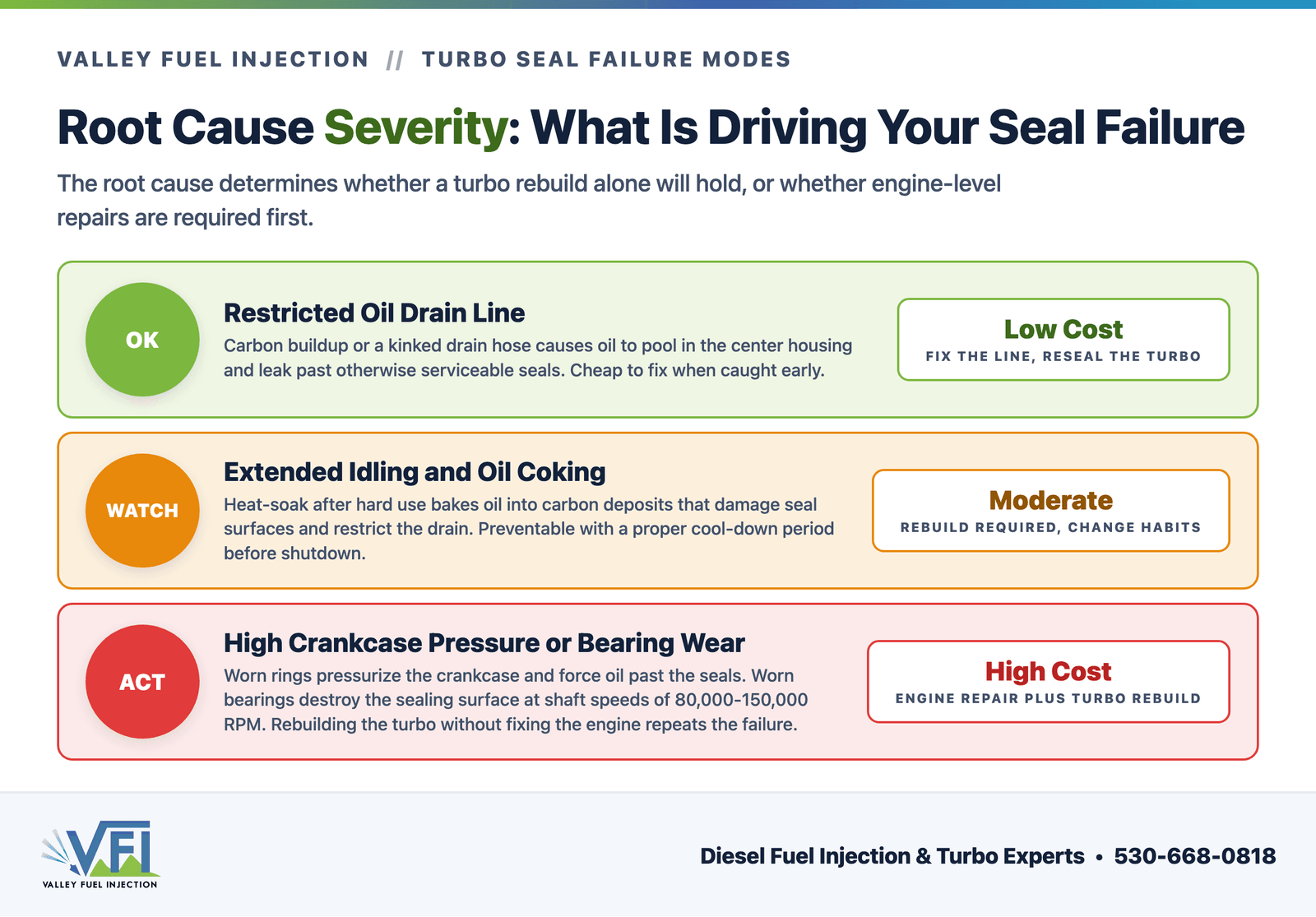 Three-tier severity chart for turbo oil seal root causes. Green tier: restricted drain line, low-cost fix. Amber tier: oil coking from extended idling, moderate rebuild required. Red tier: high crankcase pressure or bearing wear, engine repair plus turbo rebuild needed.