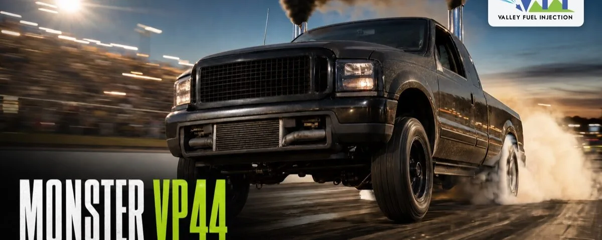 A modified 24V Cummins Dodge Ram launching off the line at a drag strip with bold headline text reading "Monster VP44: Stages, Cost & Is It Worth It?" — Valley Fuel Injection