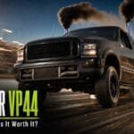 A modified 24V Cummins Dodge Ram launching off the line at a drag strip with bold headline text reading "Monster VP44: Stages, Cost & Is It Worth It?" — Valley Fuel Injection
