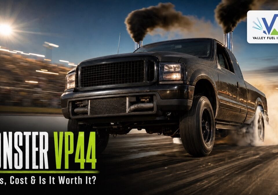 A modified 24V Cummins Dodge Ram launching off the line at a drag strip with bold headline text reading "Monster VP44: Stages, Cost & Is It Worth It?" — Valley Fuel Injection