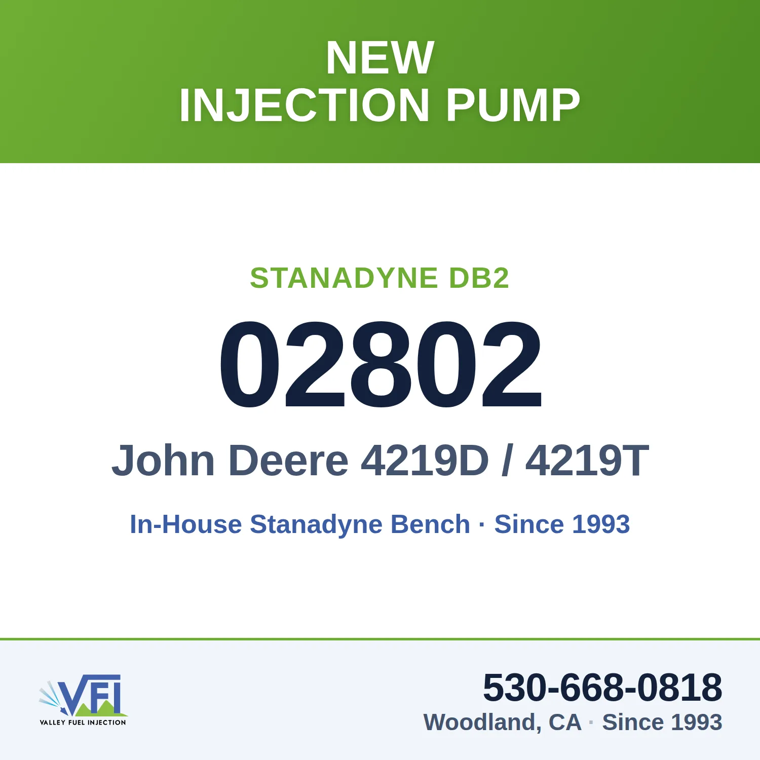Genuine new Stanadyne 02802 DB2 injection pump for John Deere 4219D and 4219T — Valley Fuel Injection & Turbo