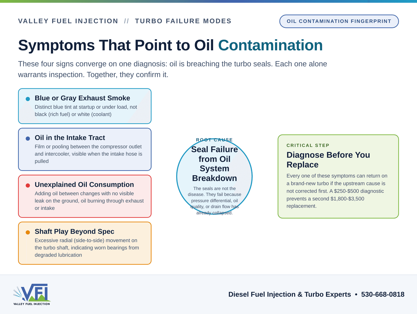 Diagnostic flow chart showing four oil contamination symptoms: blue exhaust smoke, oil in the intake tract, unexplained oil consumption, and excessive shaft play, converging on the root cause of seal failure from oil system breakdown, with a takeaway emphasizing diagnosis before replacement.