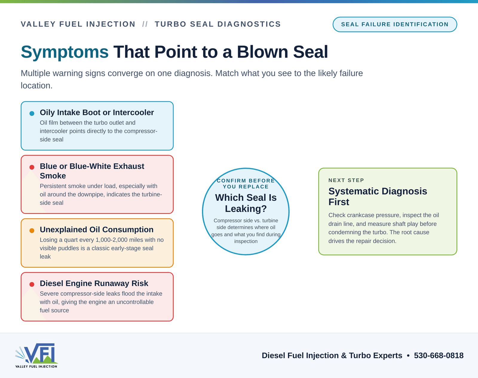 Diagnostic flow chart showing four turbo oil seal symptoms (oily intake boot, blue exhaust smoke, unexplained oil consumption, runaway risk) converging on the question of which seal is leaking, with a takeaway recommending systematic diagnosis before repair.