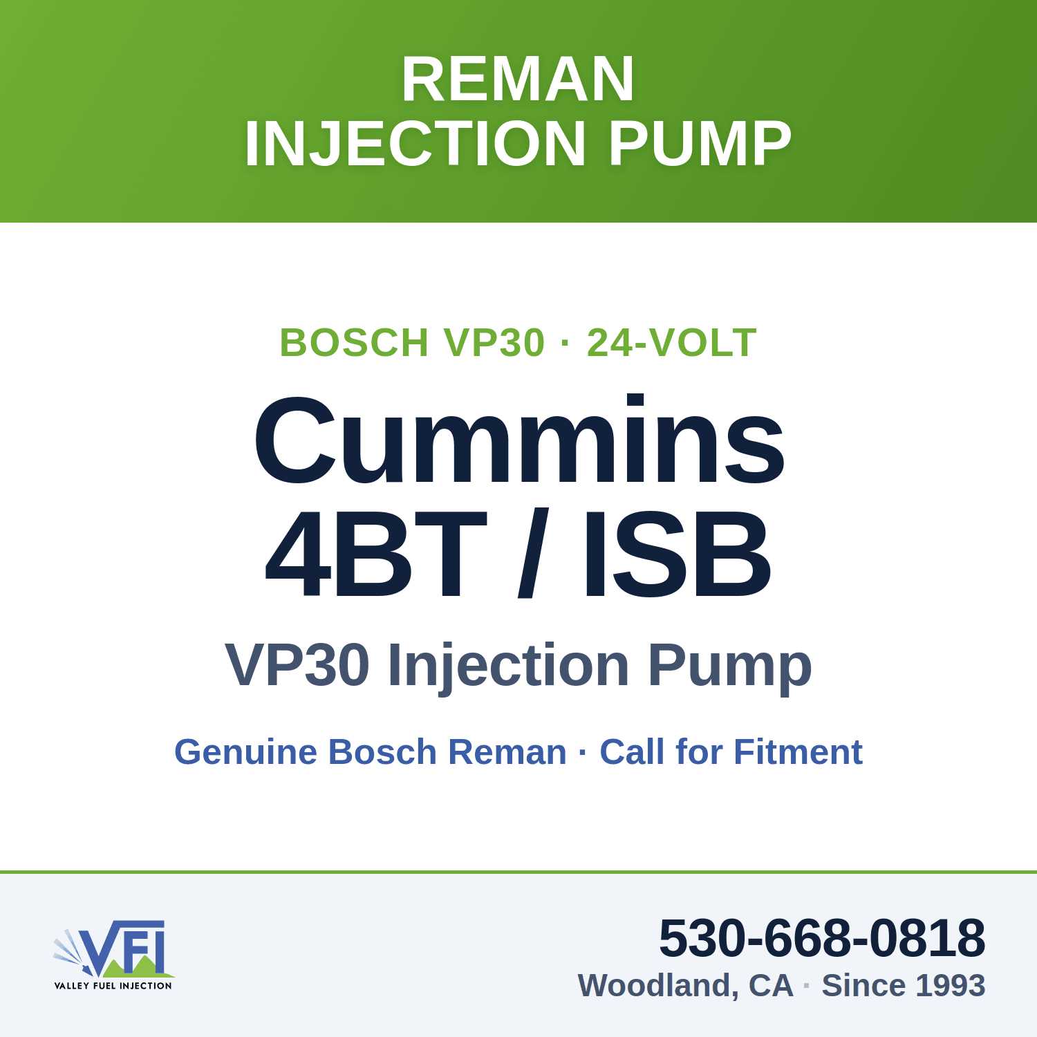 Cummins 4BT / ISB / QSB 24-volt Bosch VP30 injection pump — Valley Fuel Injection & Turbo