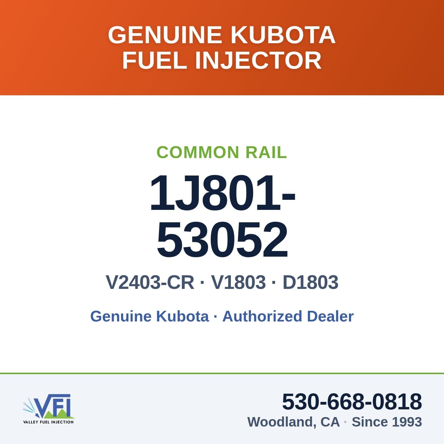 1J801-53052 Kubota V2403-CR — four-cylinder 2.4 L common rail — Valley Fuel Injection & Turbo, Woodland CA