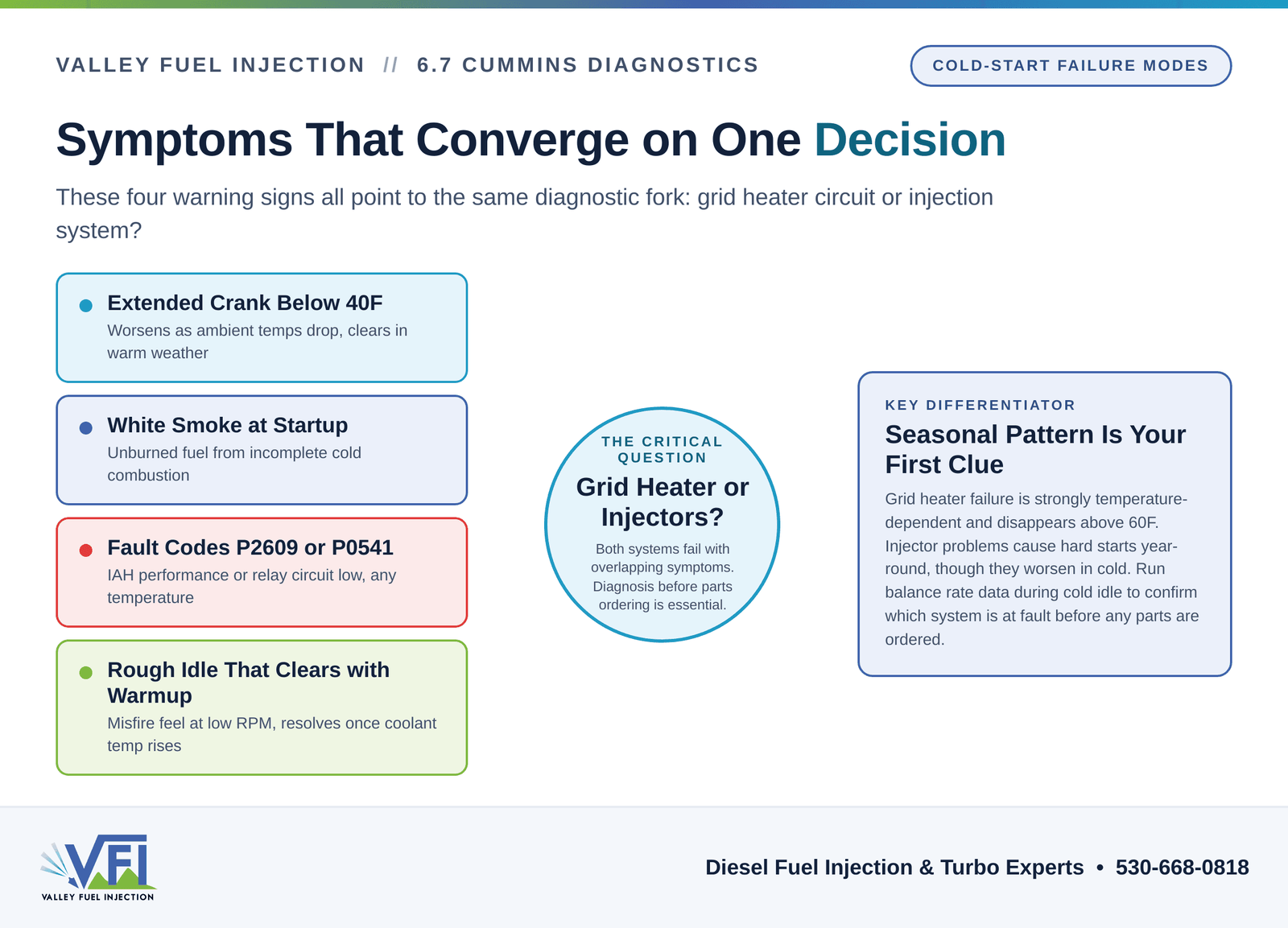 Diagnostic flow chart showing four cold-start symptoms (extended crank, white smoke, fault codes P2609 and P0541, rough idle) converging on the central question of grid heater versus injector failure, with a takeaway explaining that seasonal pattern and balance rate data distinguish the two causes.
