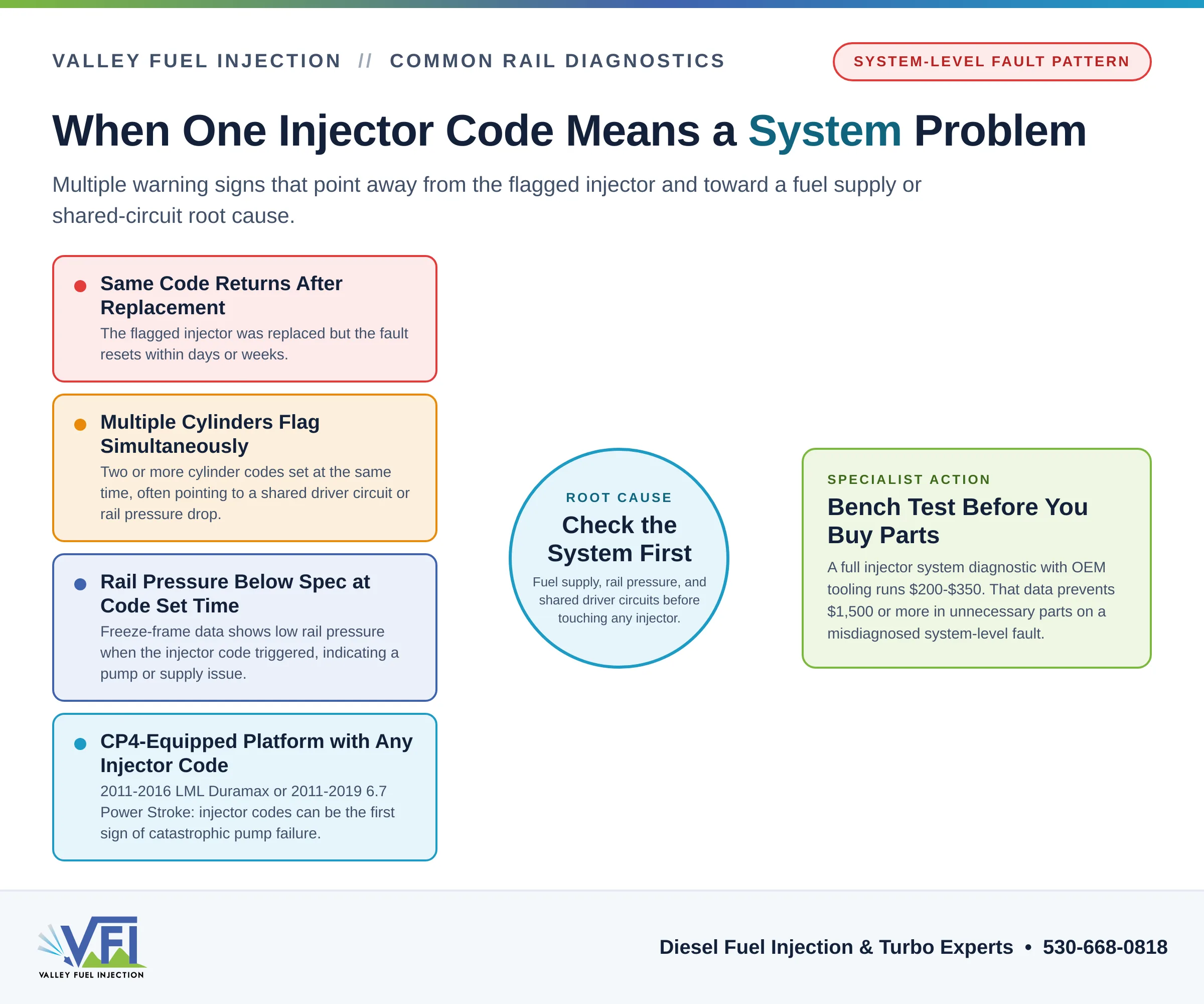 Diagnostic flow chart showing four warning signs that a diesel injector code is actually a system-level problem: repeated codes after replacement, simultaneous multi-cylinder faults, low rail pressure in freeze-frame data, and CP4 platform risk. Center focal point recommends checking the fuel supply system first. Right-side takeaway recommends bench testing before purchasing parts.
