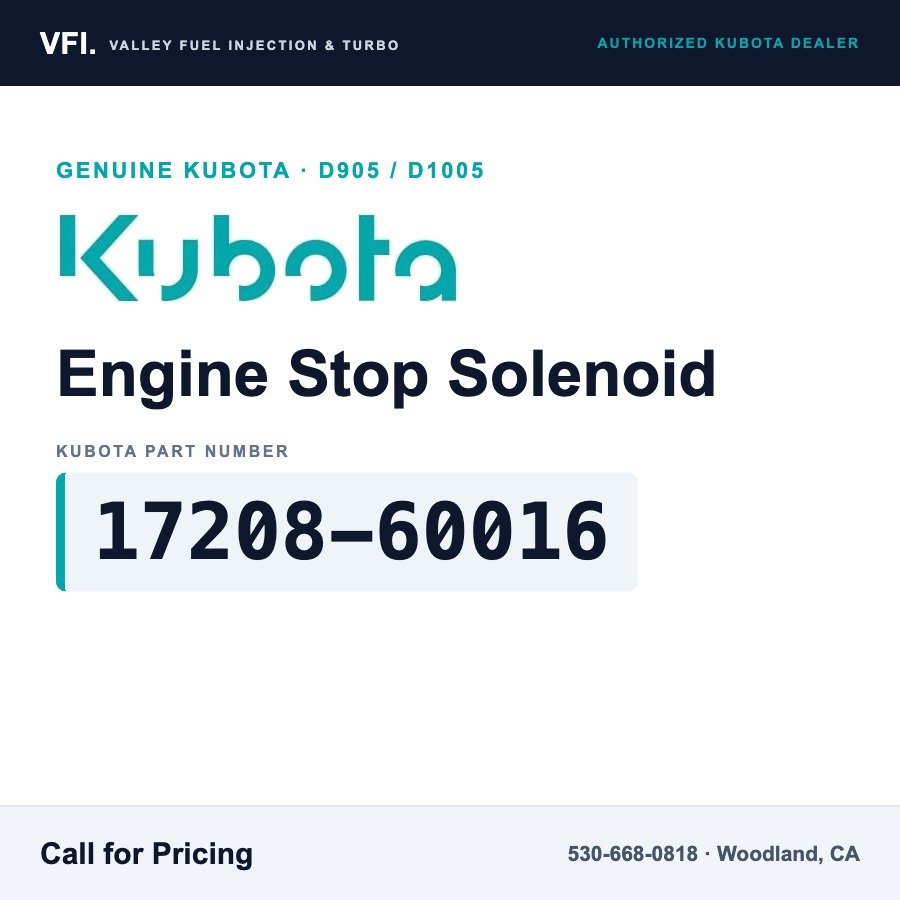 Kubota 17208-60016 Engine Stop Solenoid (Fuel Shutoff Solenoid) for Kubota 05 series engines: D905