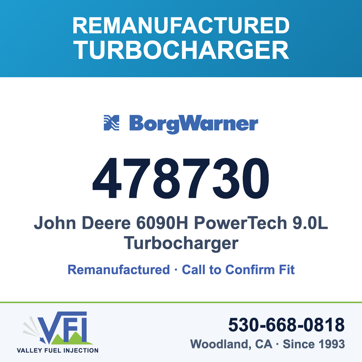 John Deere 6090H PowerTech 9.0L Turbocharger - BorgWarner 478730 Remanufactured