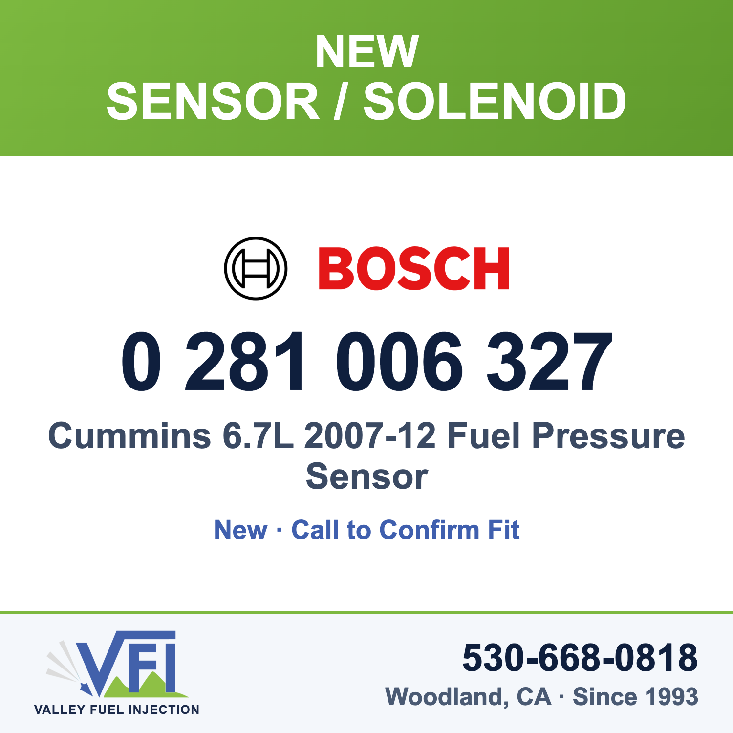 Bosch 0 281 006 327 Cummins 6.7L 2007-12 Fuel Pressure Sensor