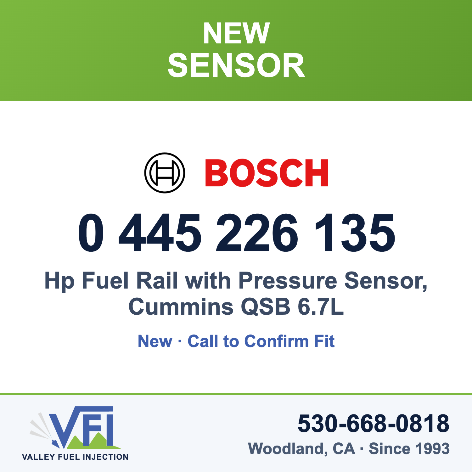 Bosch 0 445 226 135 Hp Fuel Rail with Pressure Sensor, Cummins QSB 6.7L