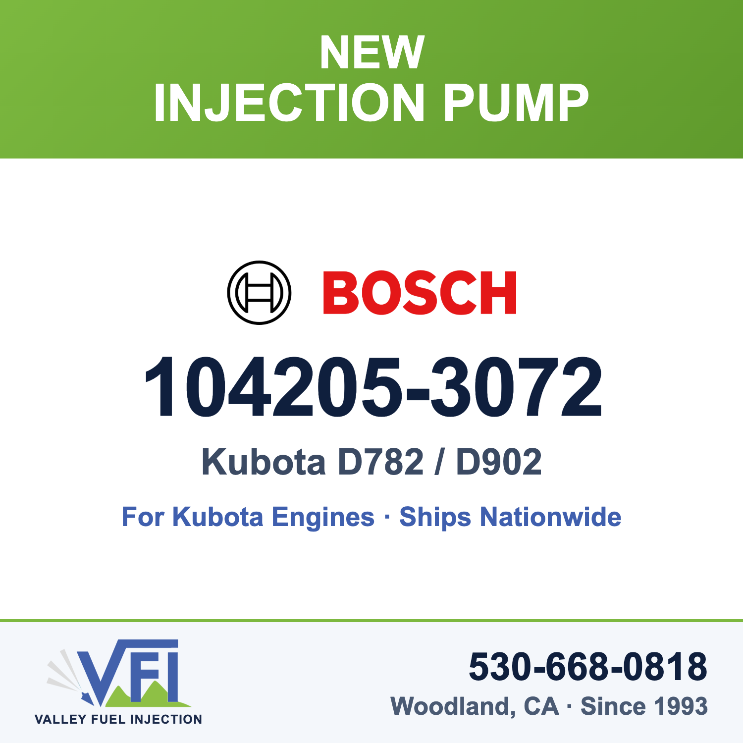 Bosch 104205-3072 New Injection Pump for Kubota D782-E3B and D902-E4B (replaces Kubota 16006-51012)