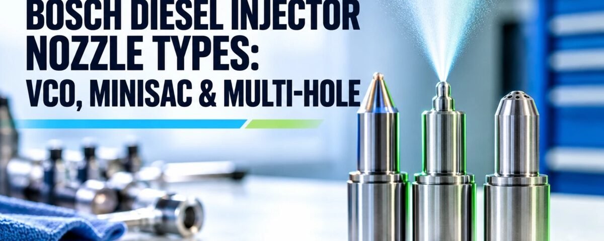 Three Bosch diesel injector nozzles on a bench, VCO, minisac and multi-hole types compared
