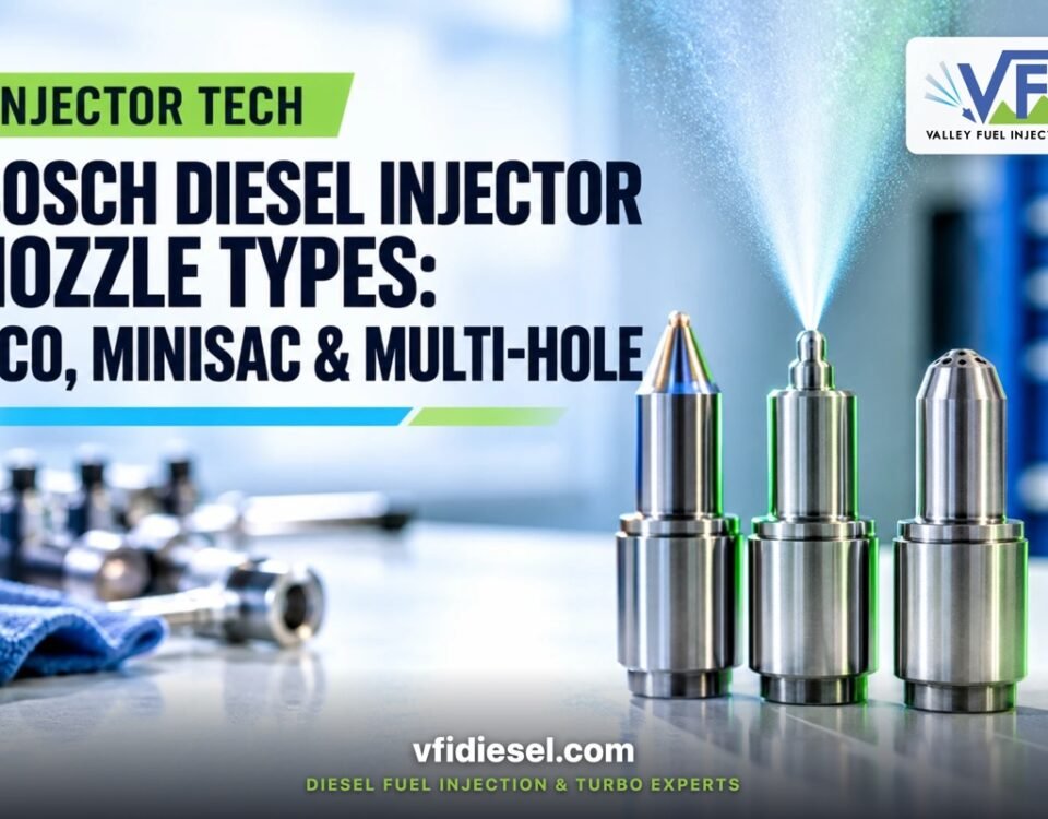 Three Bosch diesel injector nozzles on a bench, VCO, minisac and multi-hole types compared
