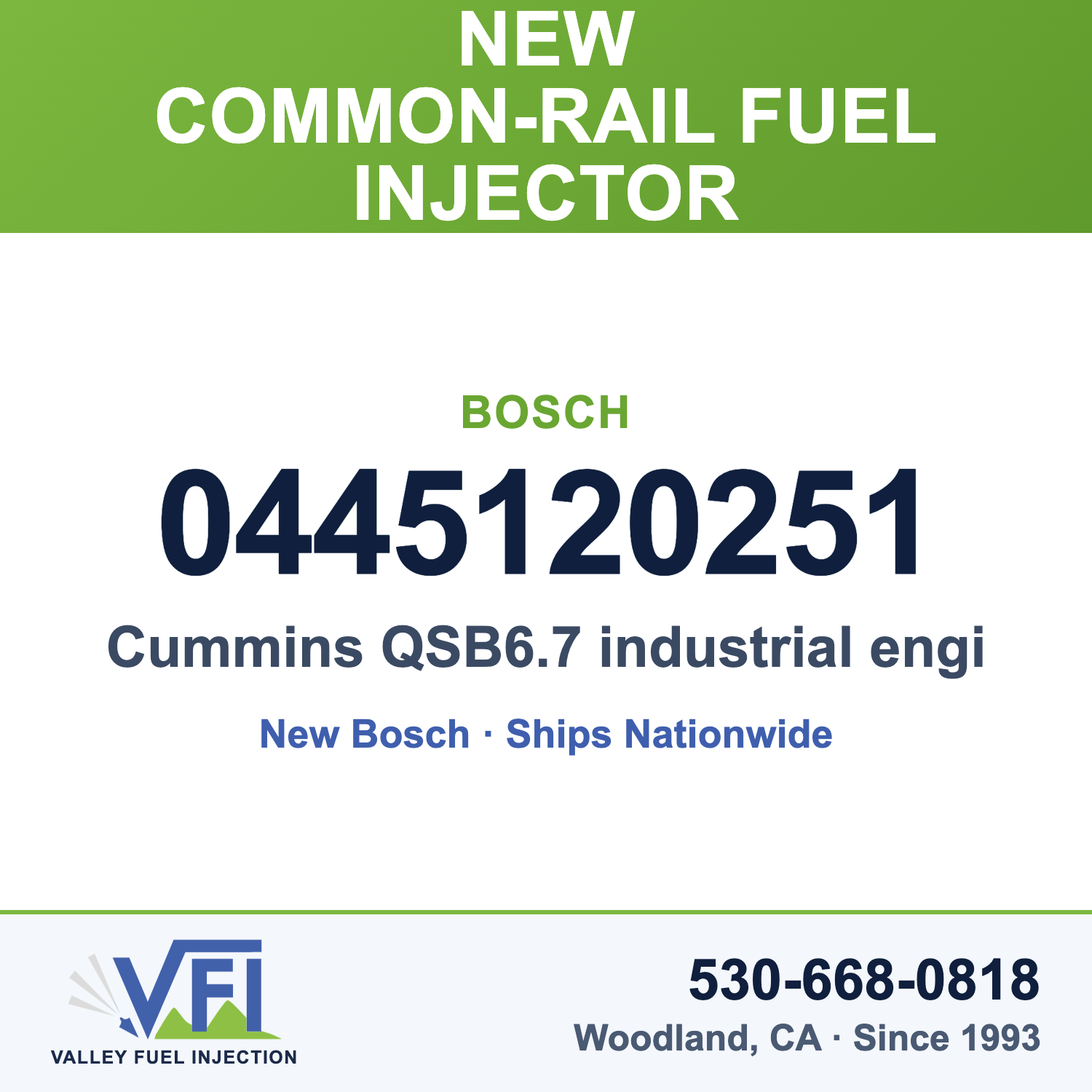 Bosch 0445120251 Common-Rail Fuel Injector for Cummins QSB6.7 industrial engines that call for Cummins injector 5263314