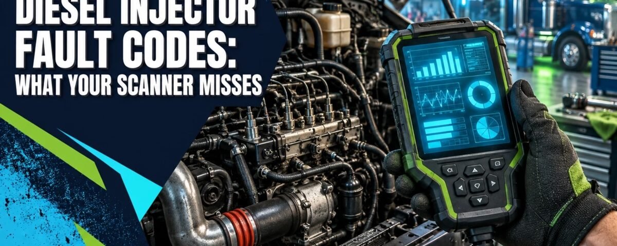 Technician holding a scan tool at a diesel engine, guide to injector fault codes a scanner misses