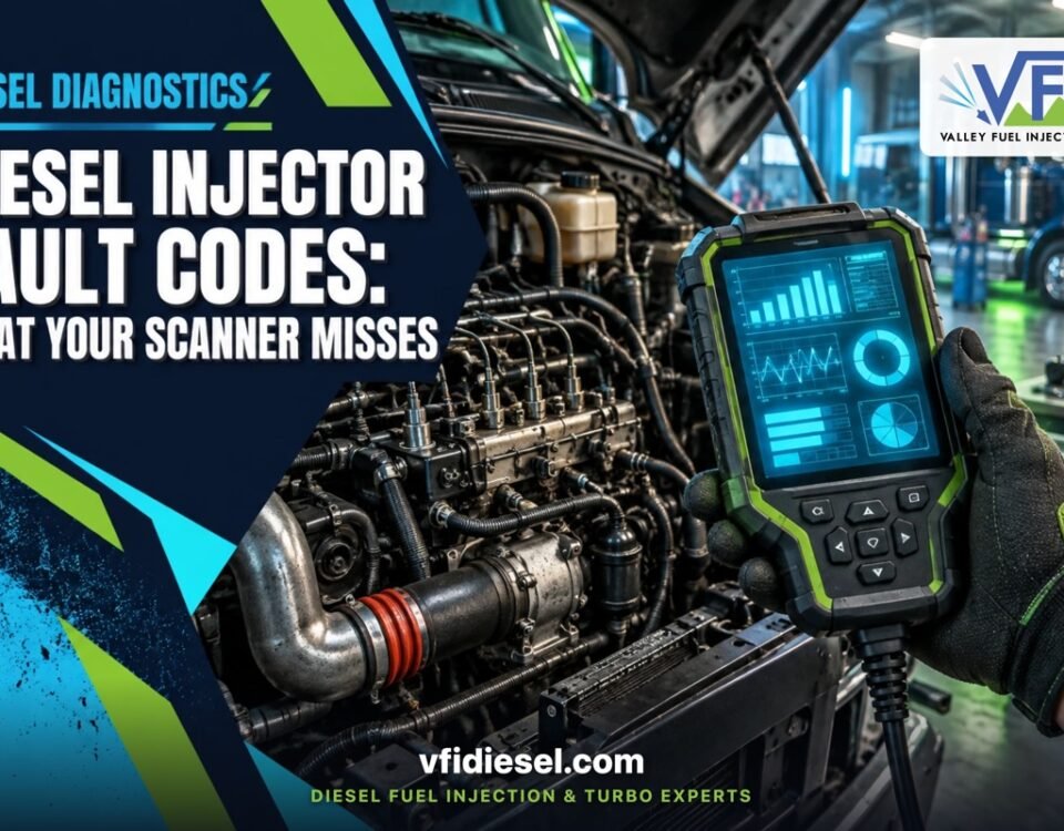 Technician holding a scan tool at a diesel engine, guide to injector fault codes a scanner misses