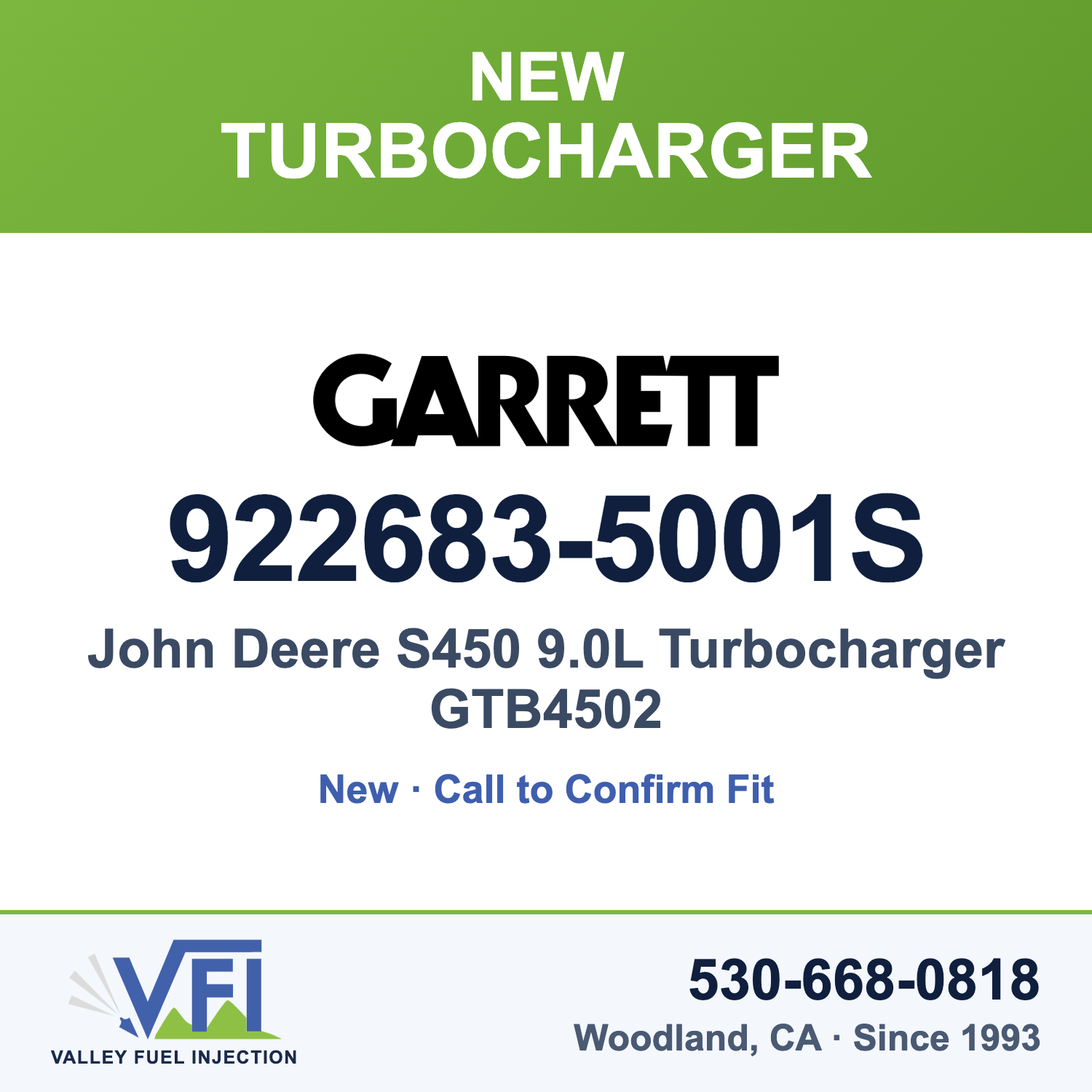 John Deere S450 9.0L Turbocharger GTB4502 - Garrett 922683-5001S New