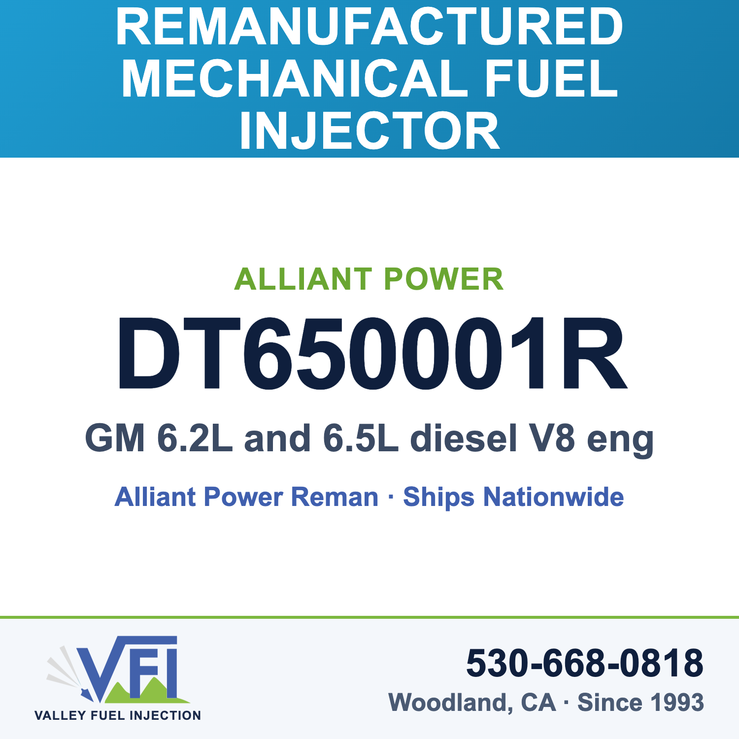 Alliant Power DT650001R Mechanical Fuel Injector for GM 6.2L and 6.5L diesel V8 engines without a turbo that use GM injector