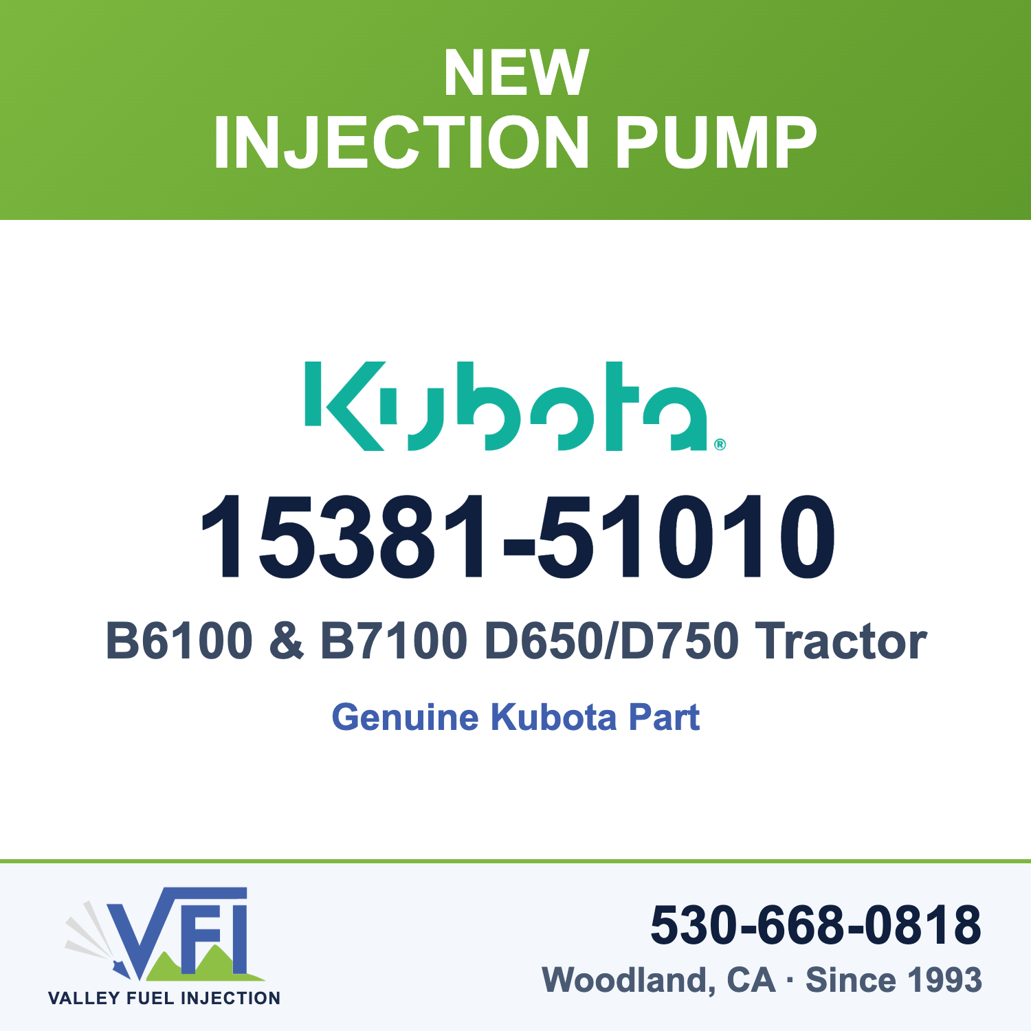 Kubota 15381-51010 Mechanical Injection Pump Assembly (3-cylinder) for Kubota B6100D-P and B6100E-P compact tractors