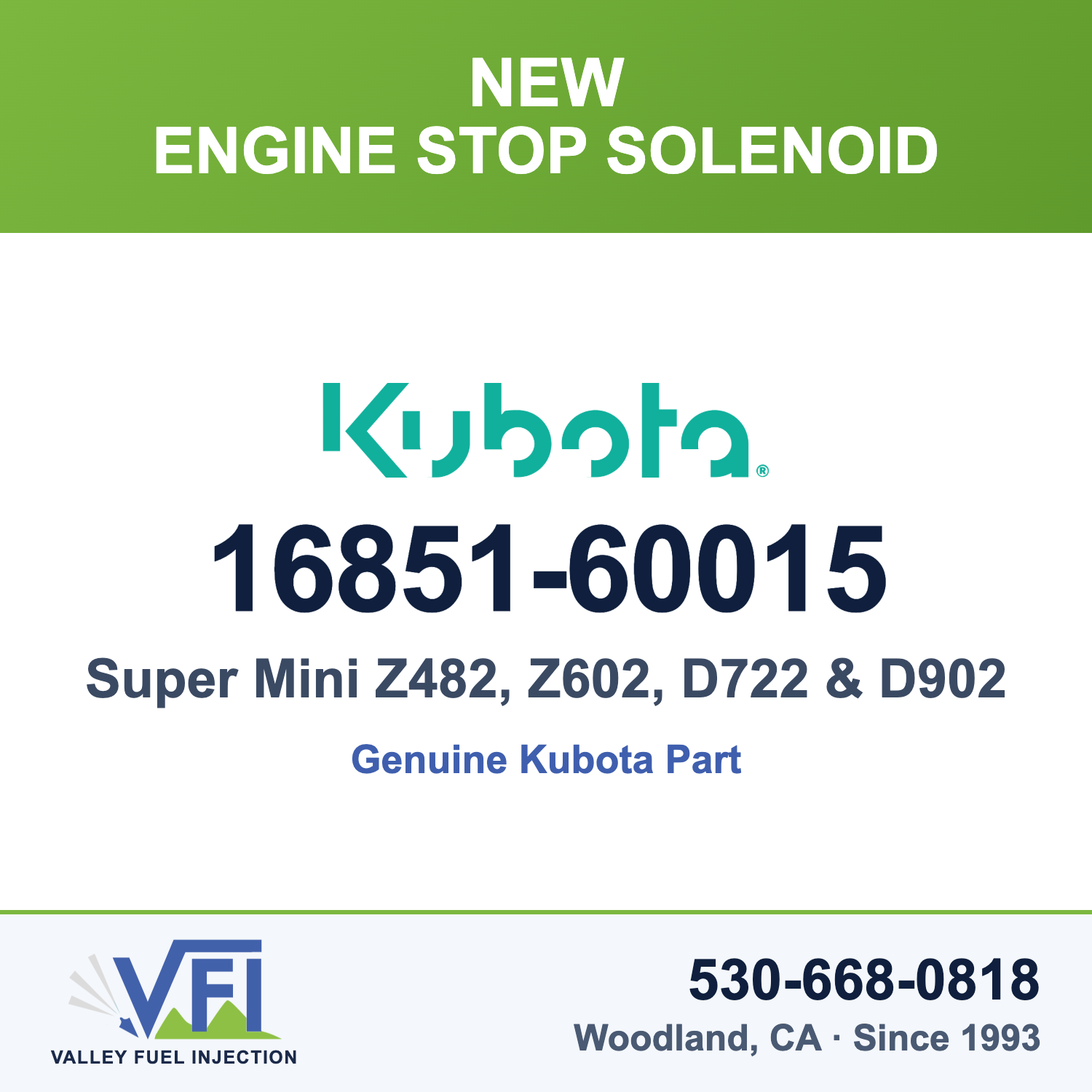 Kubota 16851-60015 Engine Stop Solenoid for Kubota Super Mini engines: Z482
