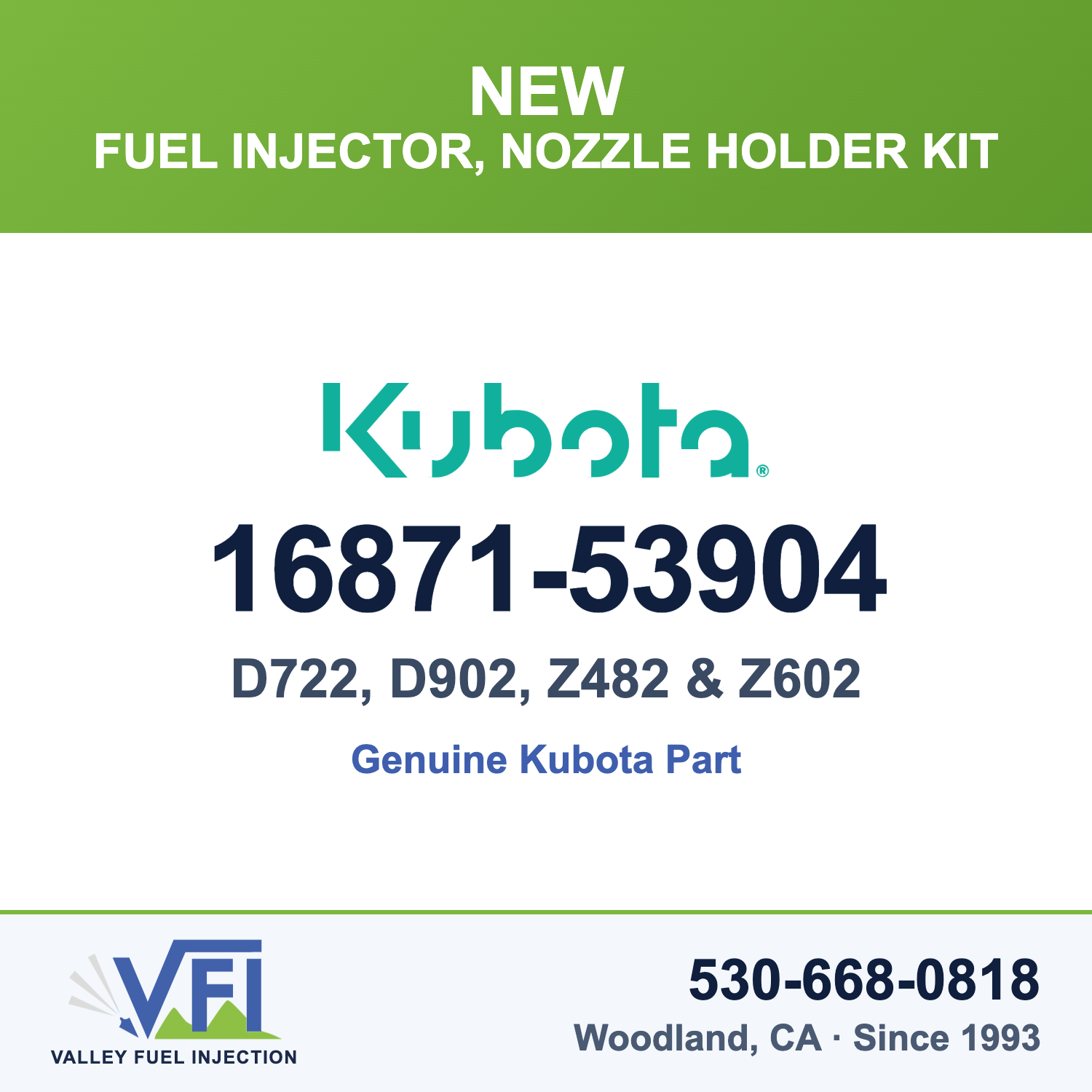 Kubota 16871-53904 Fuel Injector (Nozzle Holder Kit, complete assembly) for Kubota D722 and D902 three-cylinder diesel engine