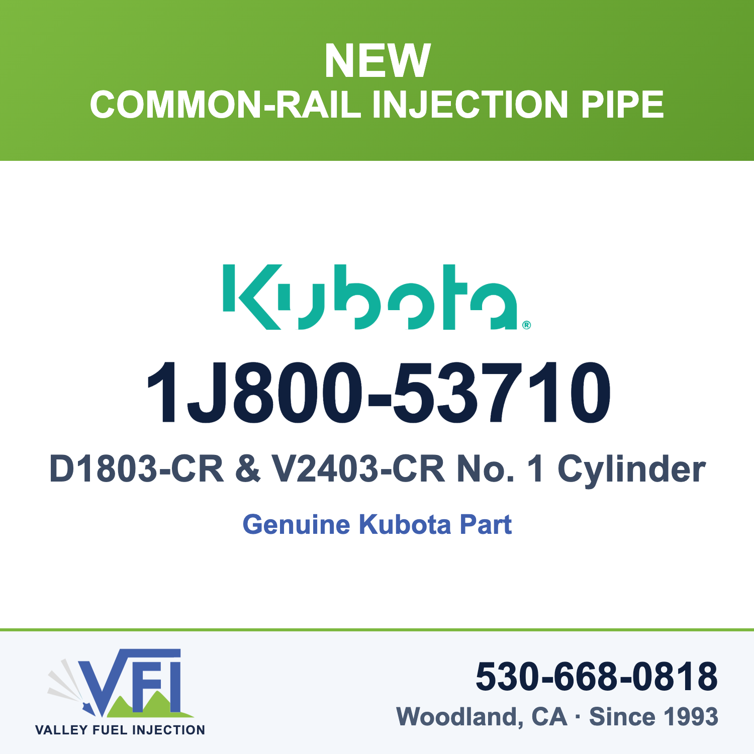 Kubota 1J800-53710 Common-Rail Injection Pipe (Rail to Injector), No. 1 Cylinder for Kubota D1803-CR 3-cylinder common-rail e