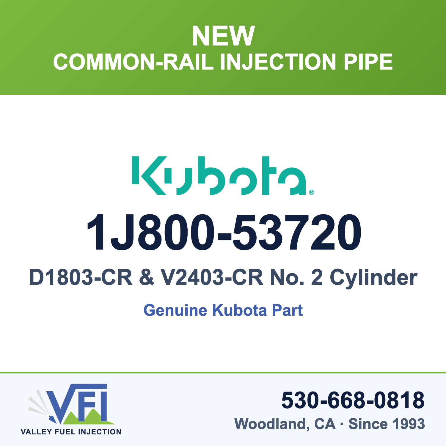 Kubota 1J800-53720 Common-Rail Injection Pipe (Rail to Injector), No. 2 Cylinder for Kubota D1803-CR 3-cylinder common-rail e