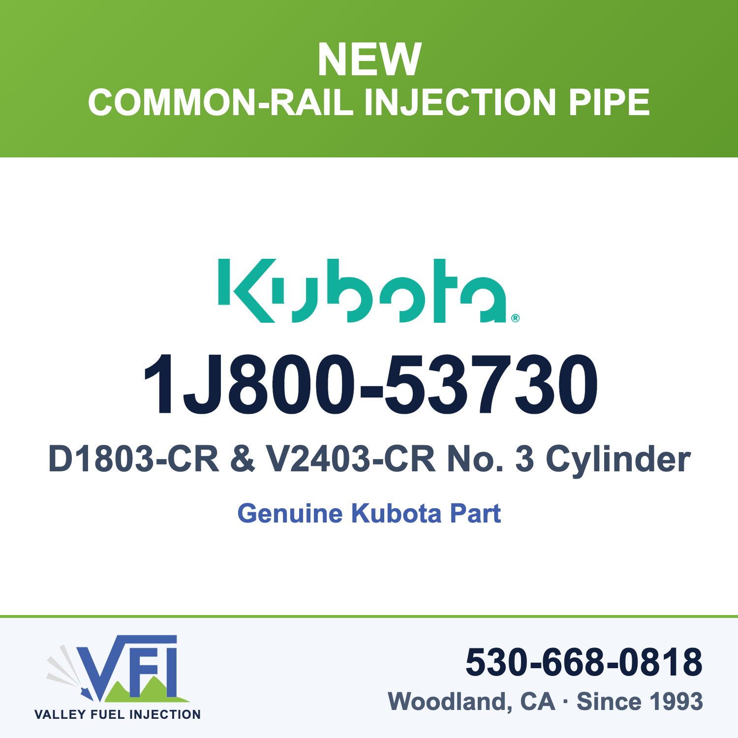 Kubota 1J800-53730 Common-Rail Injection Pipe (Rail to Injector), No. 3 Cylinder for Kubota D1803-CR 3-cylinder common-rail e