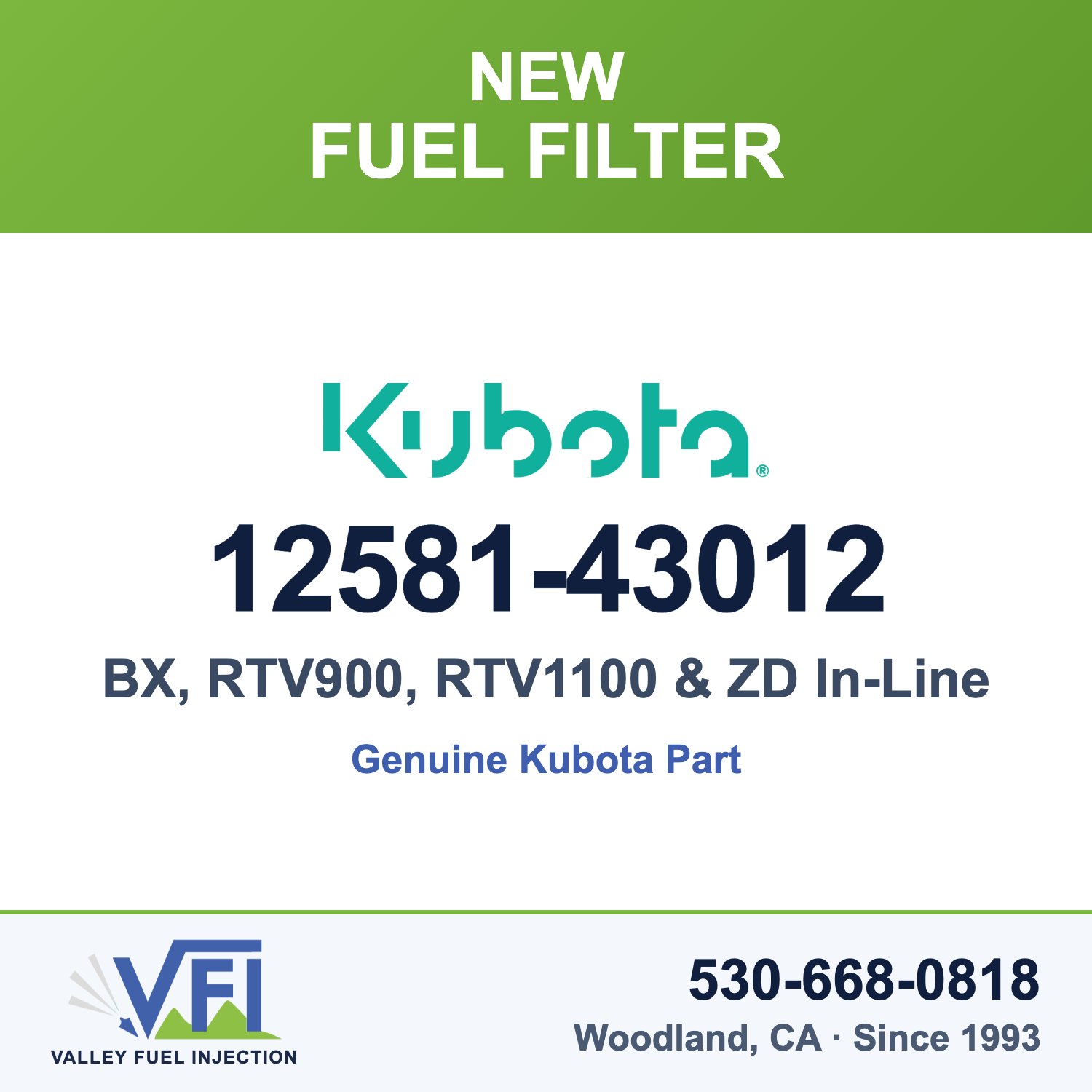 Kubota 12581-43012 In-Line Fuel Filter Assembly for Kubota BX series tractors
