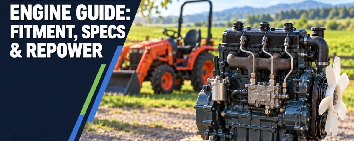 Kubota D1105 three-cylinder diesel engine on a pallet with a compact tractor behind it, fitment, specs and repower guide