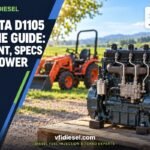 Kubota D1105 three-cylinder diesel engine on a pallet with a compact tractor behind it, fitment, specs and repower guide