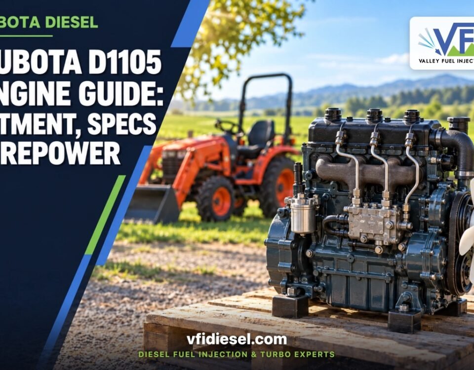 Kubota D1105 three-cylinder diesel engine on a pallet with a compact tractor behind it, fitment, specs and repower guide