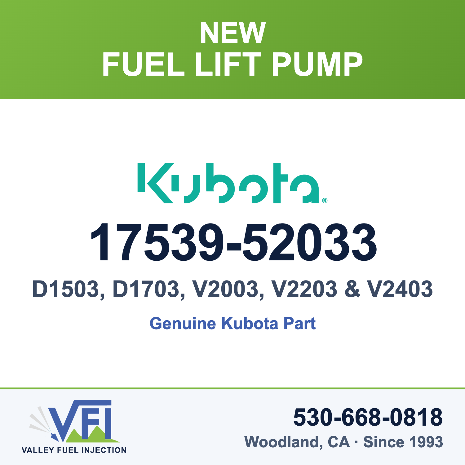 Kubota 17539-52033 Mechanical Fuel Lift Pump with Hand Primer for Kubota D1503 and D1703 engines