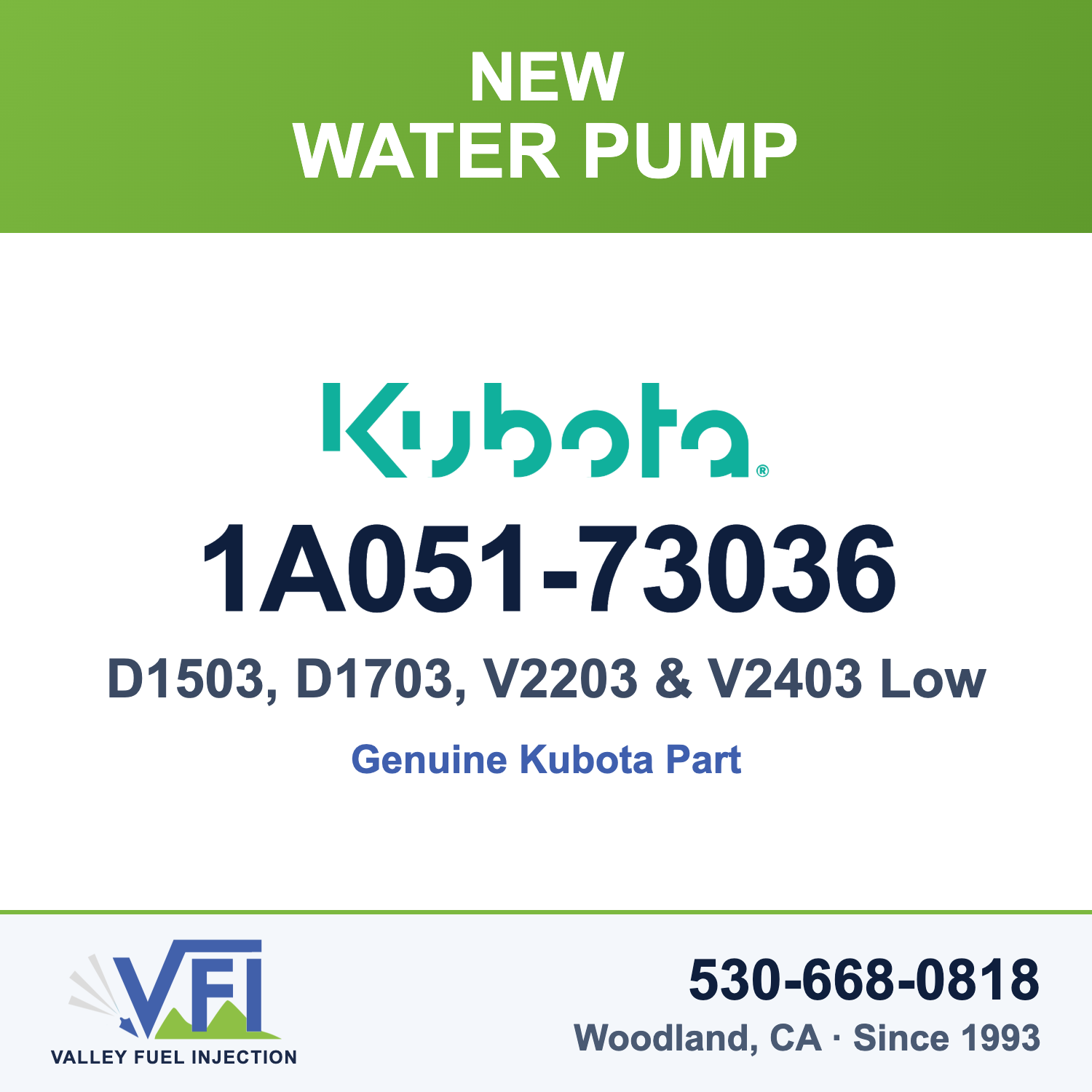 Kubota 1A051-73036 Engine Water Pump Assembly for Kubota V2203 and V2403 diesel engines