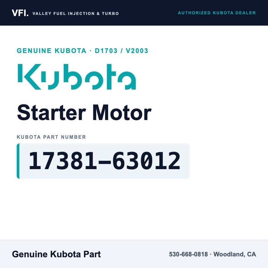 Kubota 17381-63012 Starter Motor for Kubota 03 Series diesel engines that use the 12 V 1.4 kW starter 17381-63012