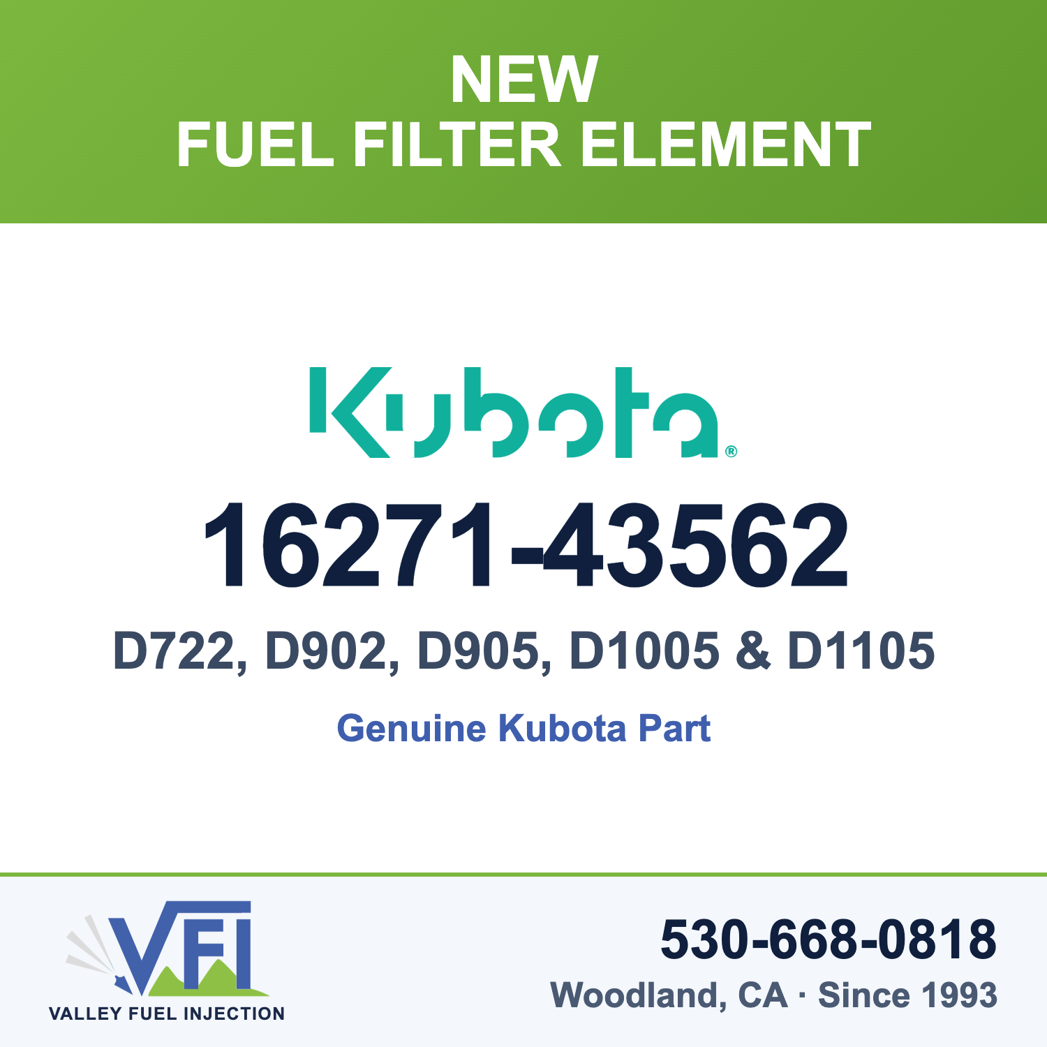 Kubota 16271-43562 Fuel Filter Element for Kubota D722 and D902 engines