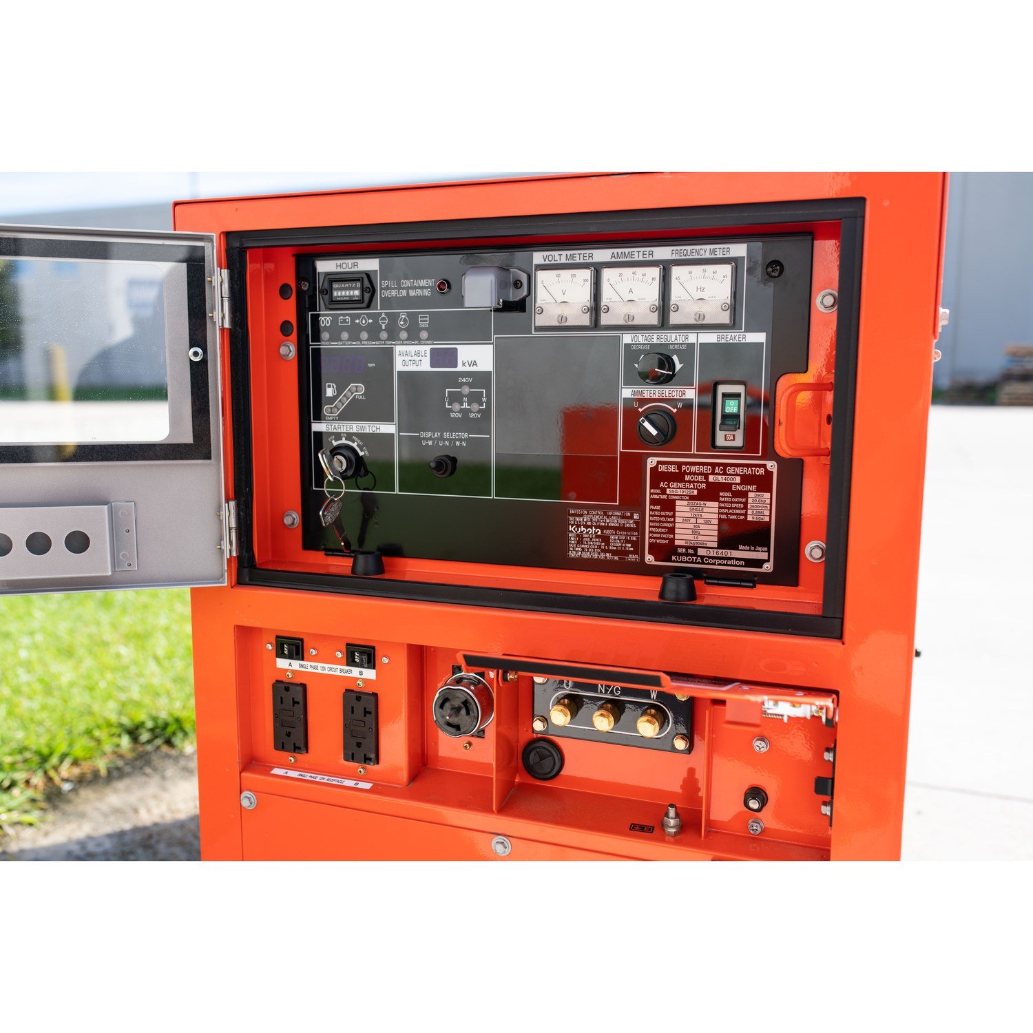 Kubota GL14000 diesel generator, control panel, door open