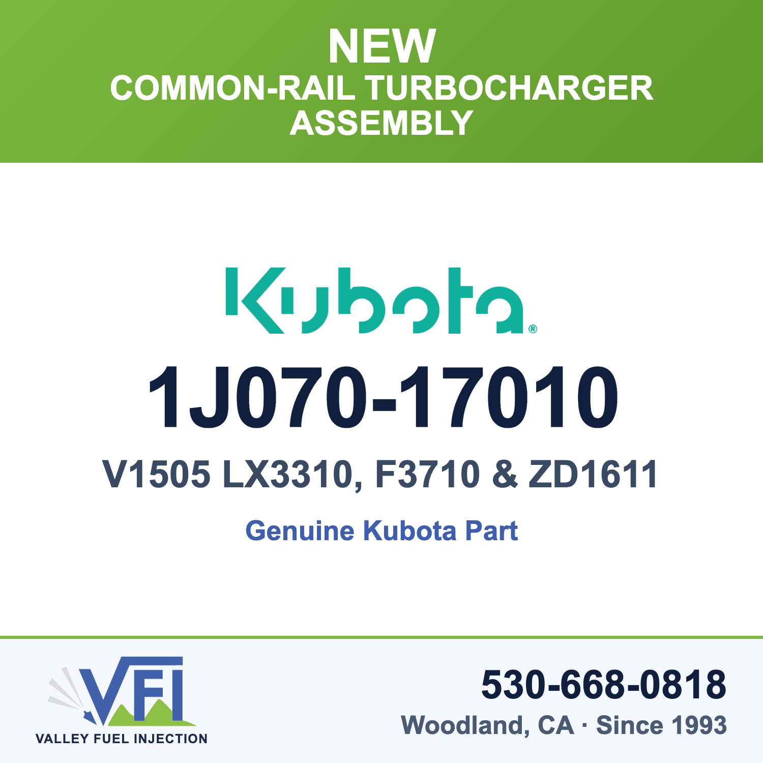Kubota 1J070-17010 Turbocharger Assembly for Kubota V1505 common-rail turbo diesel
