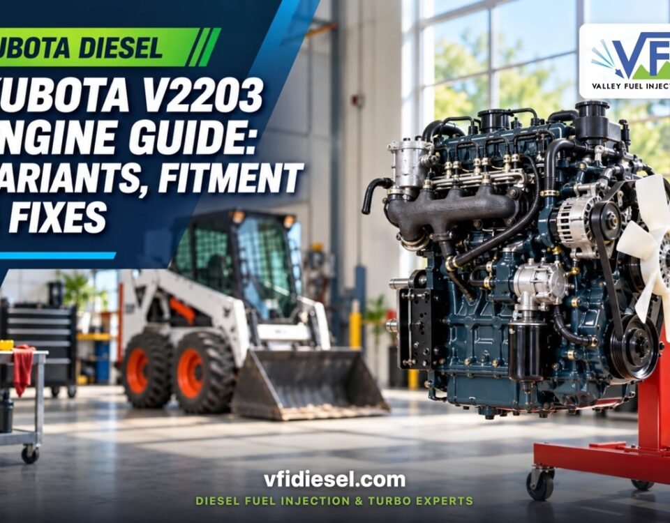 Kubota V2203 diesel engine on a stand in a shop, guide to variants, fitment and fixes