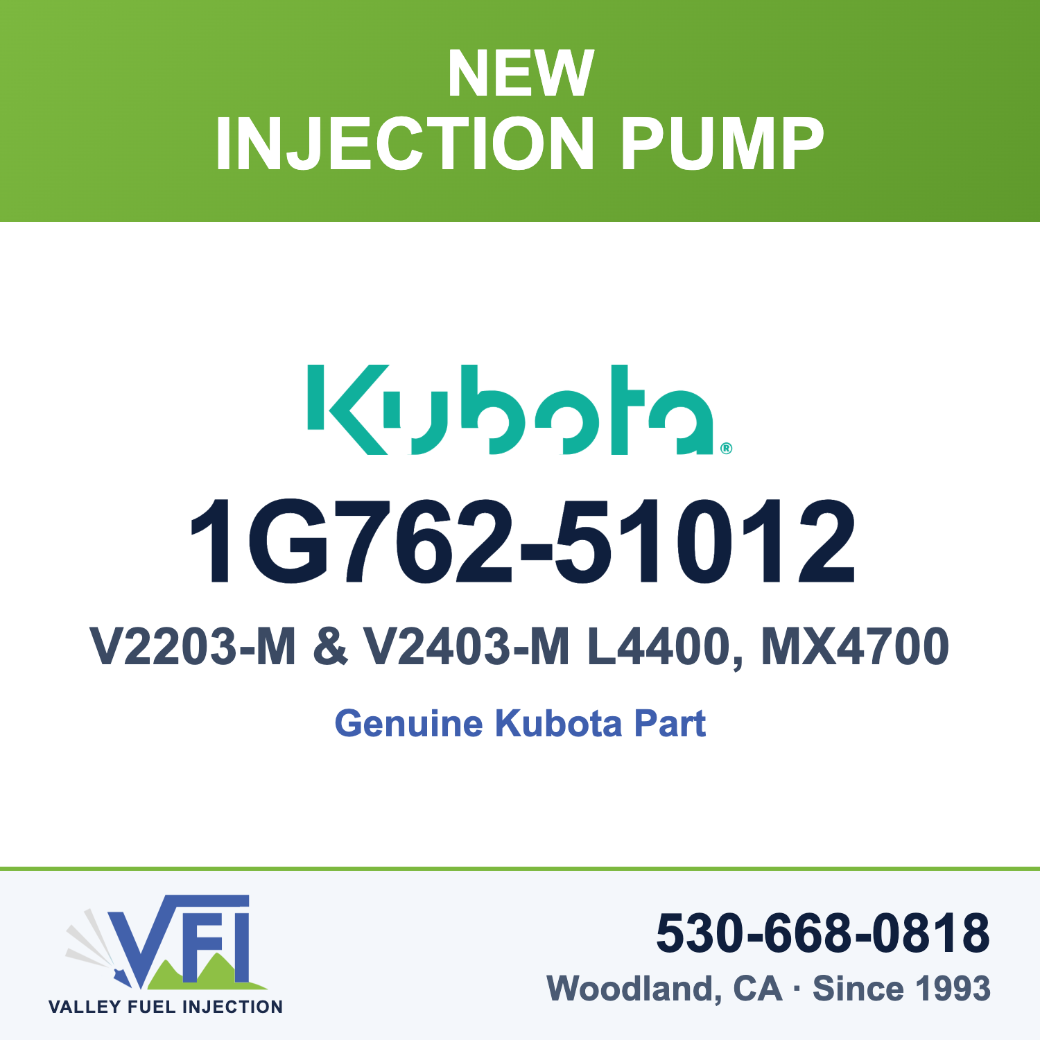 Kubota 1G762-51012 Injection Pump Assembly for Kubota V2203-M and V2403-M four-cylinder diesel engines