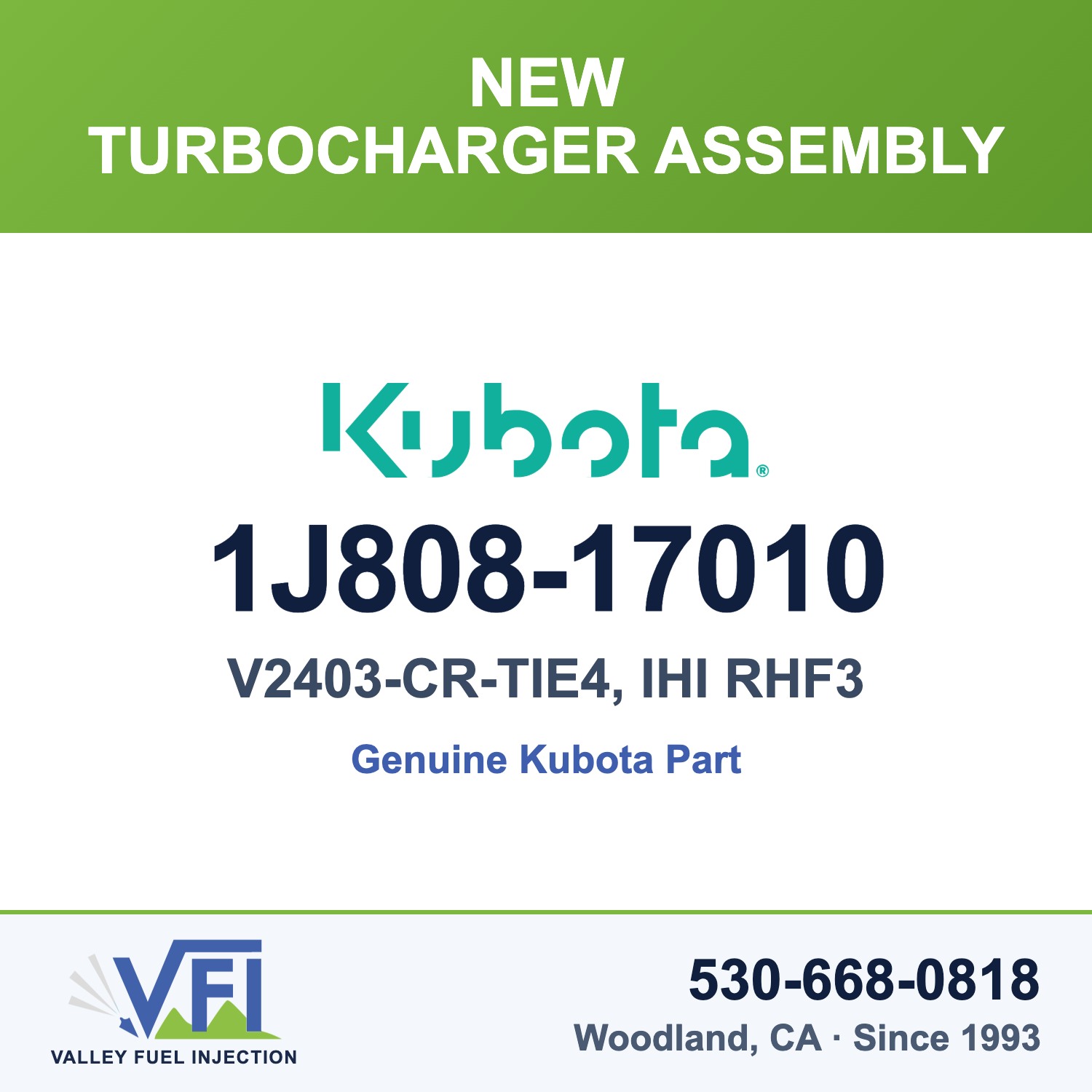 Kubota 1J808-17010 Turbocharger Assembly for Kubota V2403-CR-TIE4 four-cylinder common-rail turbo diesel